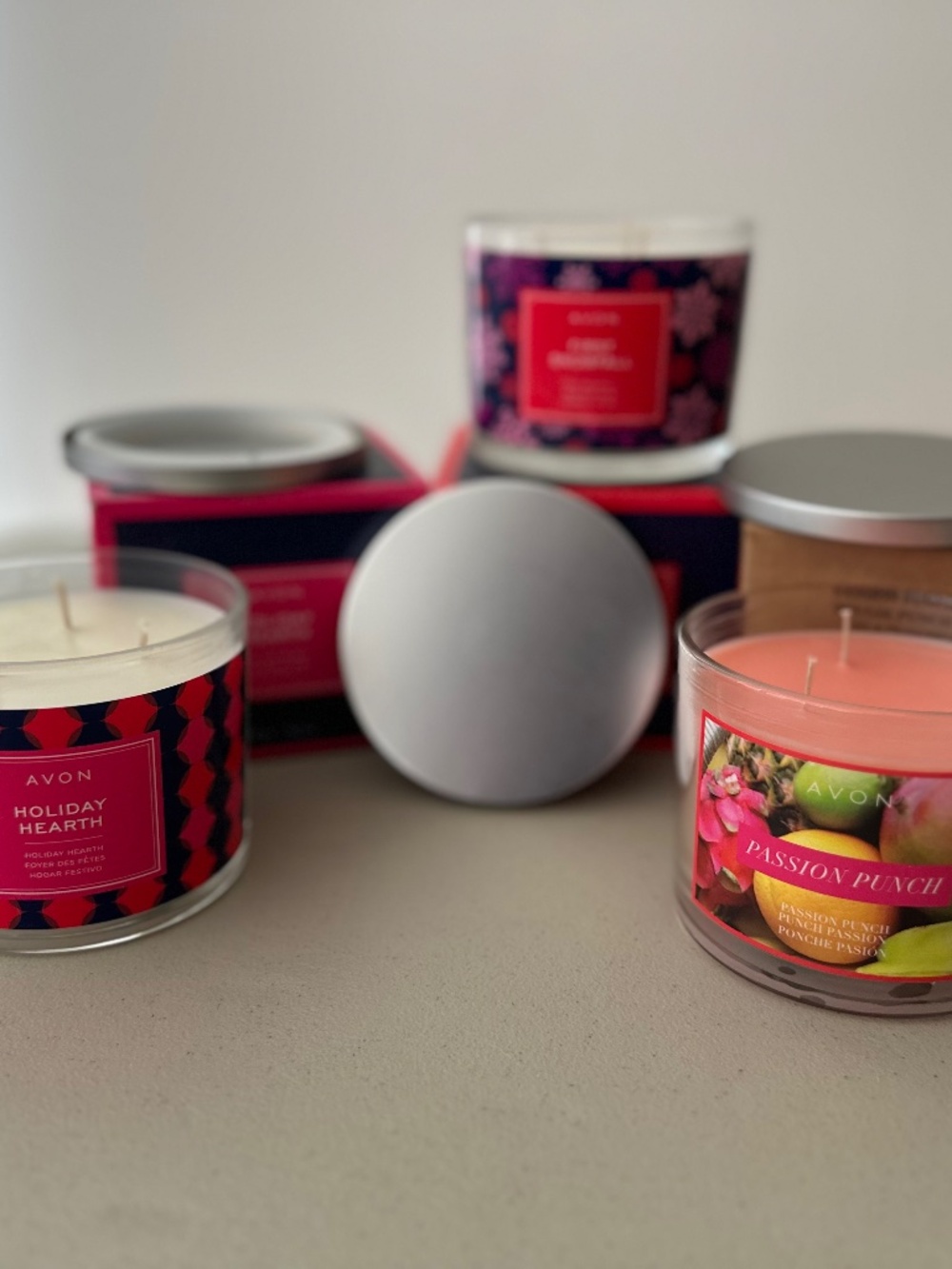 NIB Avon THREE WICK Candles BUNDLE Holiday Hearth + First Snowfall + Passion Pun